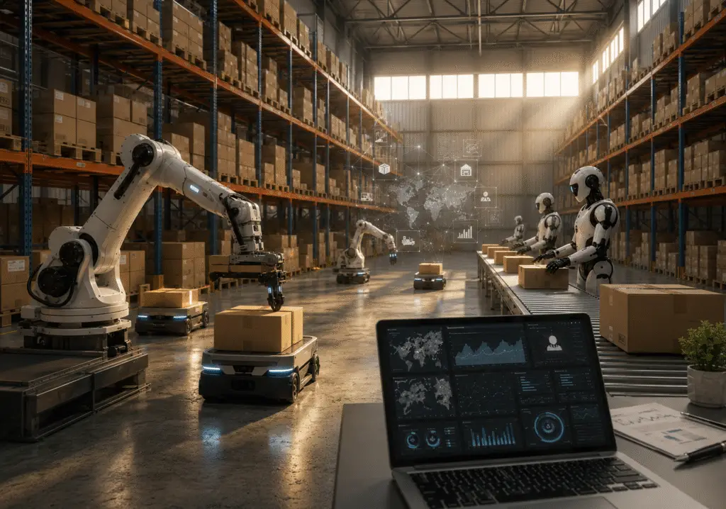 AI-powered warehouse robots and a monitoring dashboard representing automated data curation and dataset quality management. AI-powered warehouse robots and a monitoring dashboard representing automated data curation and dataset quality management.