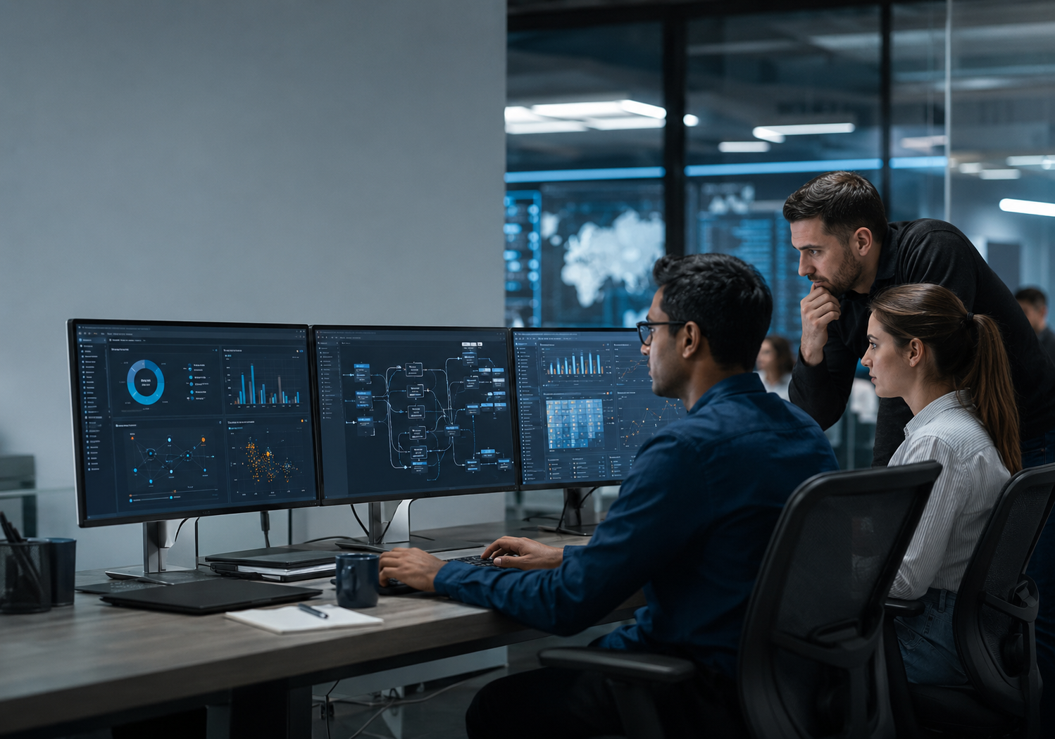 AI data team monitoring versioned training datasets and quality dashboards