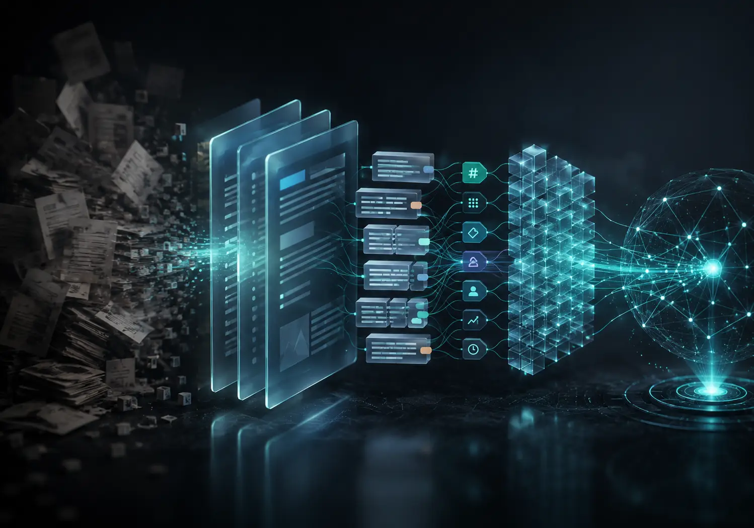 Knowledge base curation pipeline transforming raw documents into structured data for RAG retrieval