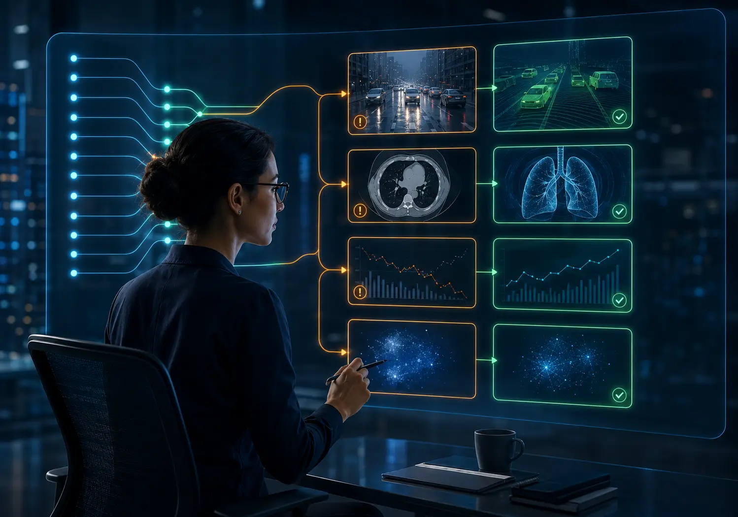 Human-in-the-loop AI expert reviewing model outputs and medical data for accuracy