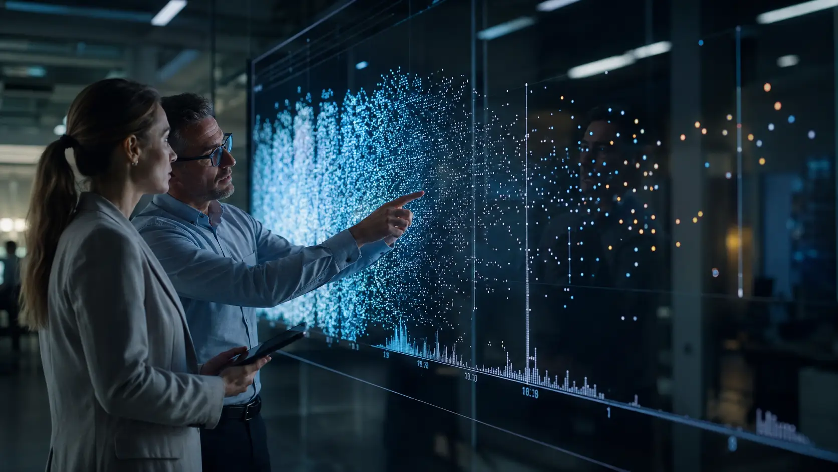 Data scientists reviewing dense and sparse training data clusters illustrating dataset imbalance, model bias, and coverage gaps.