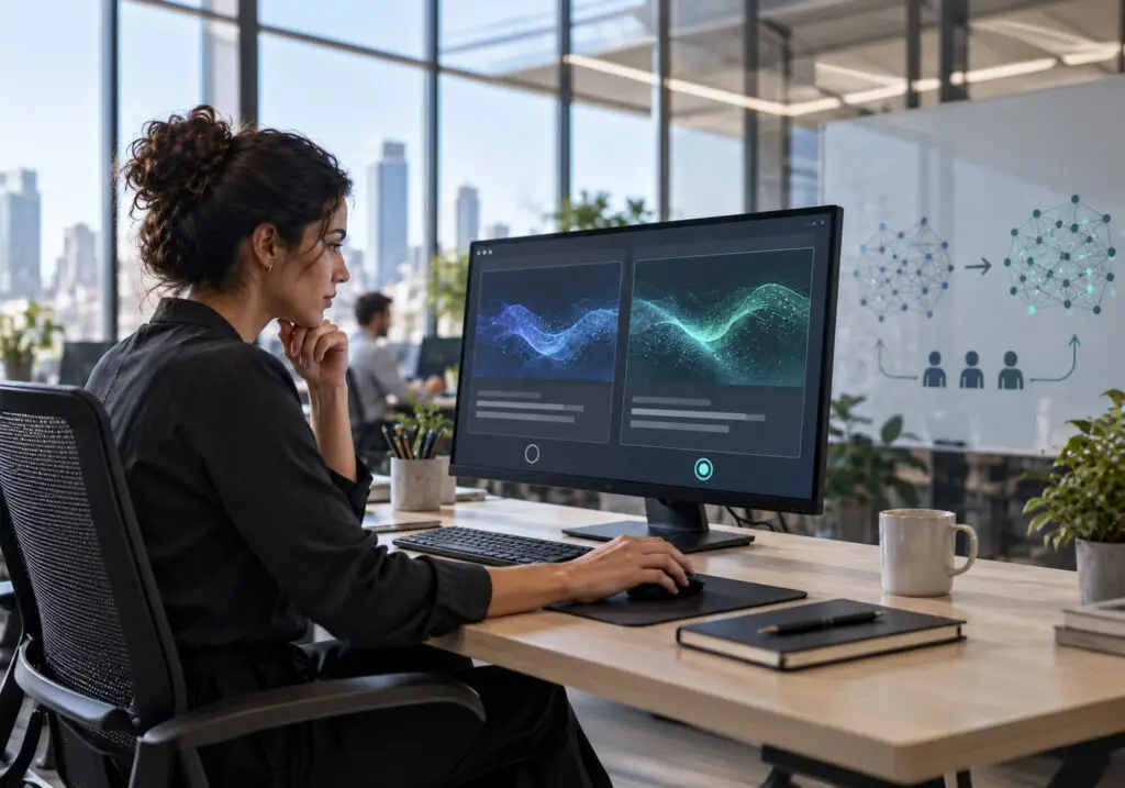 AI researcher reviewing preference-based model alignment outputs with a human feedback workflow diagram AI researcher reviewing preference-based model alignment outputs with a human feedback workflow diagram