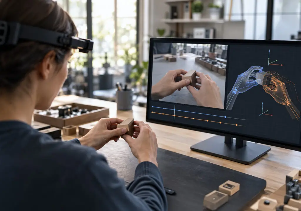 Person evaluating egocentric video and hand pose alignment on a monitor Person evaluating egocentric video and hand pose alignment on a monitor