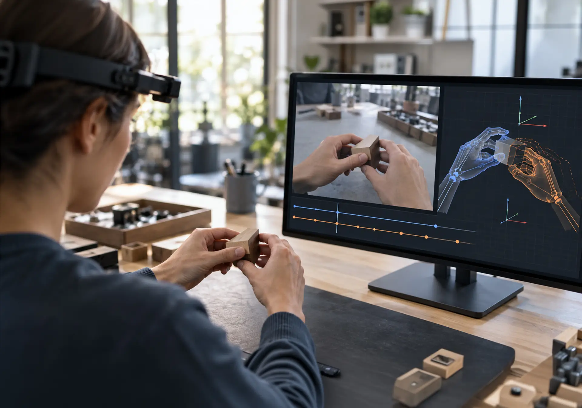 Person evaluating egocentric video and hand pose alignment on a monitor