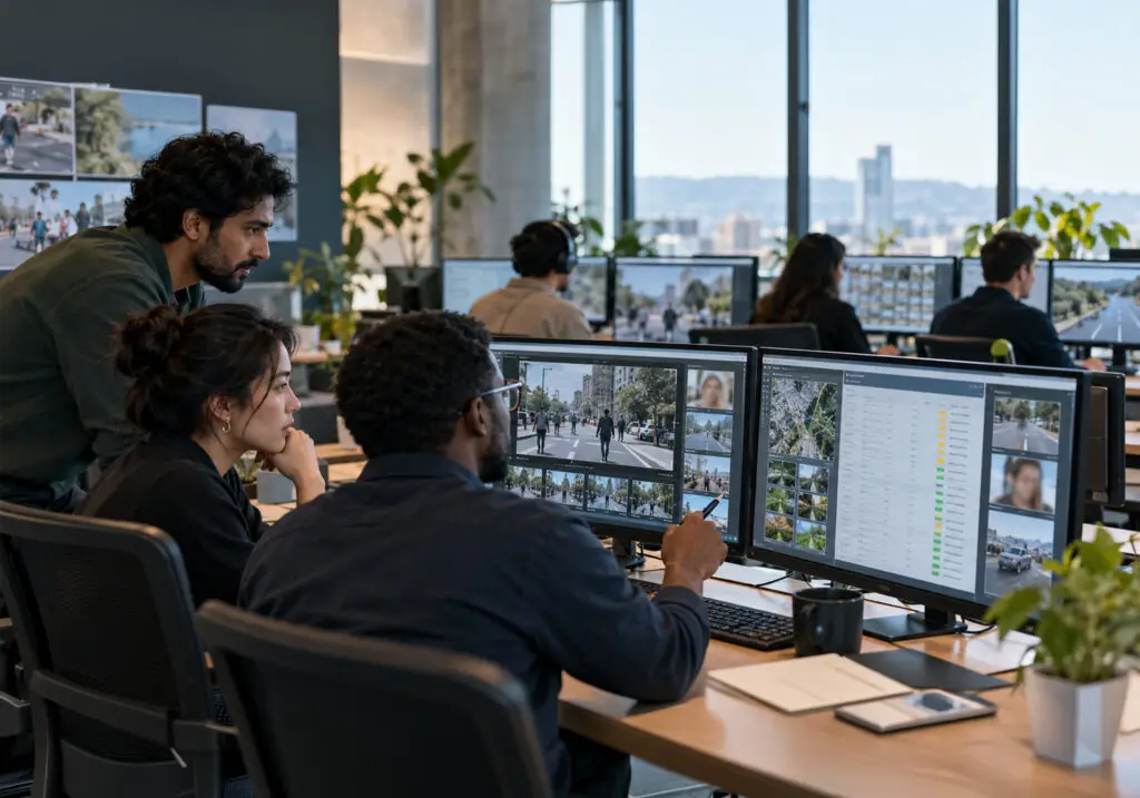 AI data collection team reviewing image and video datasets across multiple monitors AI data collection team reviewing image and video datasets across multiple monitors