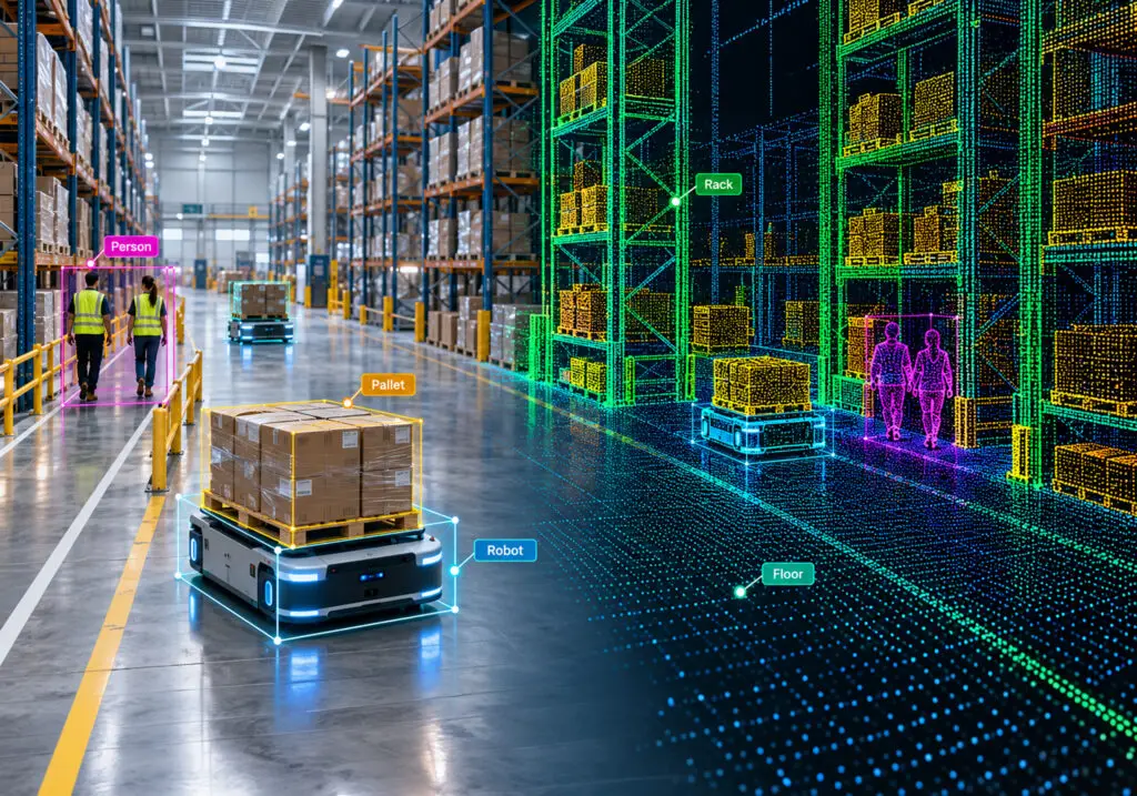 Autonomous warehouse robot with LiDAR and image annotation overlays showing AI training data used in Physical AI systems. Autonomous warehouse robot with LiDAR and image annotation overlays showing AI training data used in Physical AI systems.