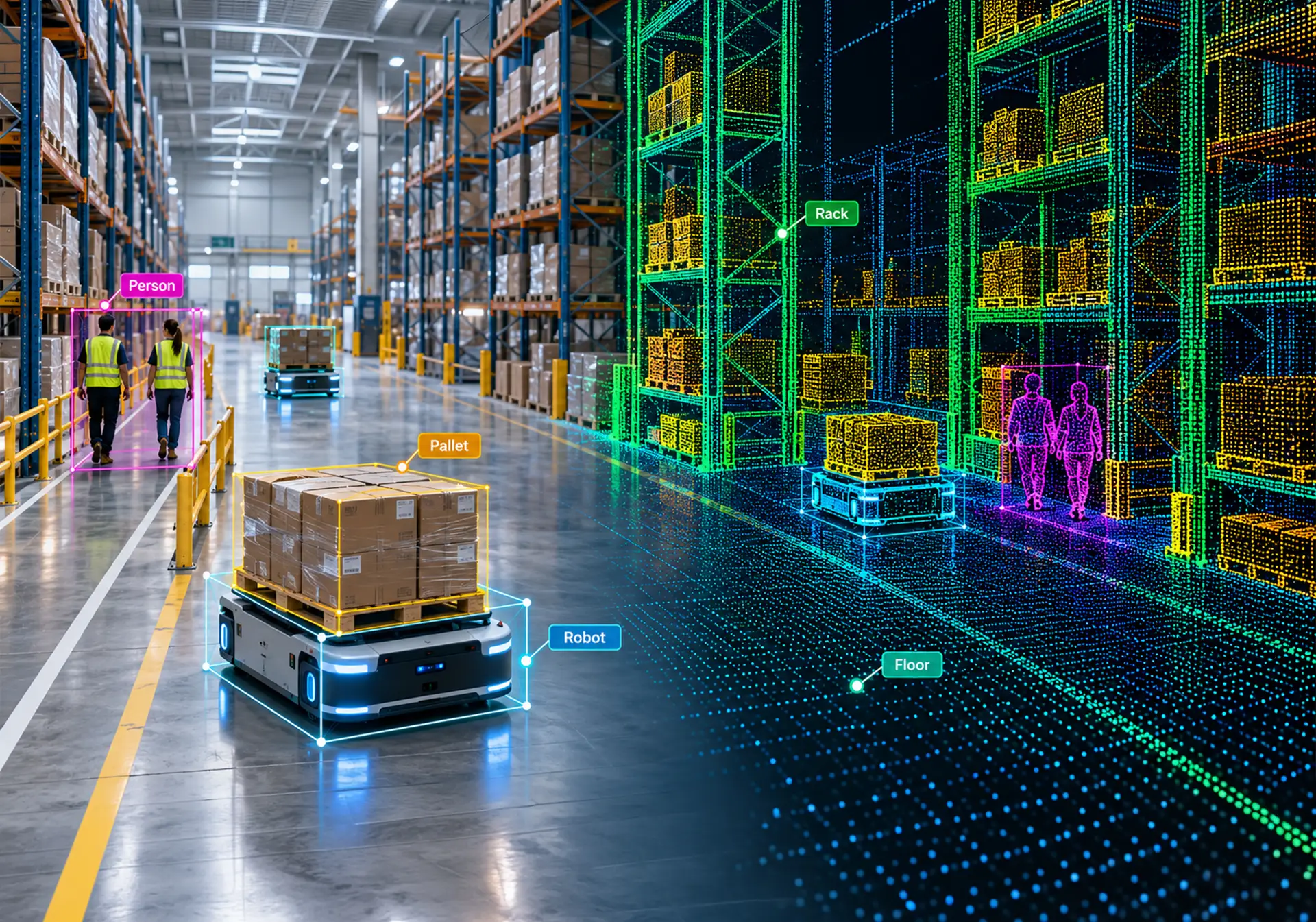 Autonomous warehouse robot with LiDAR and image annotation overlays showing AI training data used in Physical AI systems.