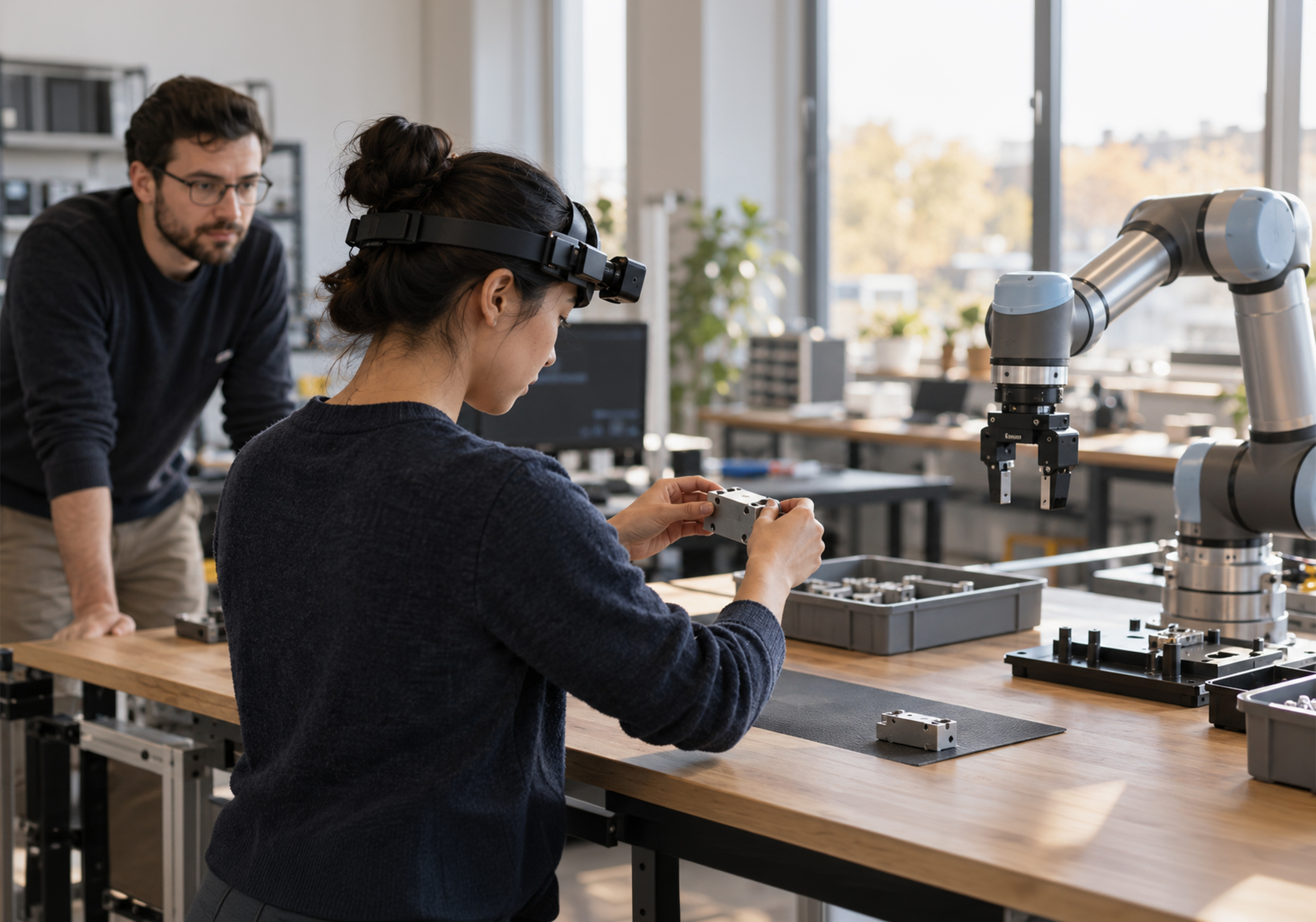 Person wearing head-mounted camera equipment performing a manipulation task beside a robotic arm