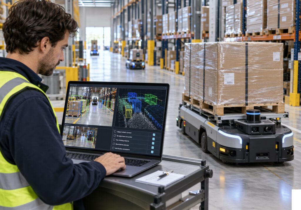 Warehouse engineer reviewing camera and LiDAR data on a laptop beside an autonomous pallet-carrying robot. Warehouse engineer reviewing camera and LiDAR data on a laptop beside an autonomous pallet-carrying robot.