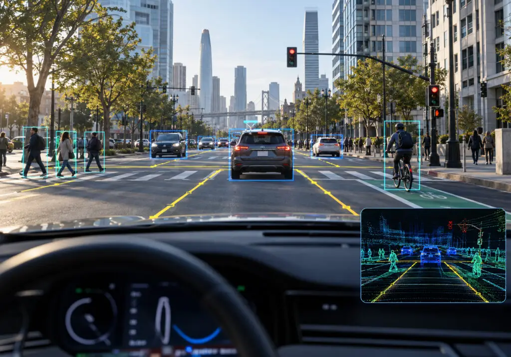 Urban driving scene illustrating sensor fusion annotation using camera and LiDAR data for autonomous vehicle perception. Urban driving scene illustrating sensor fusion annotation using camera and LiDAR data for autonomous vehicle perception.