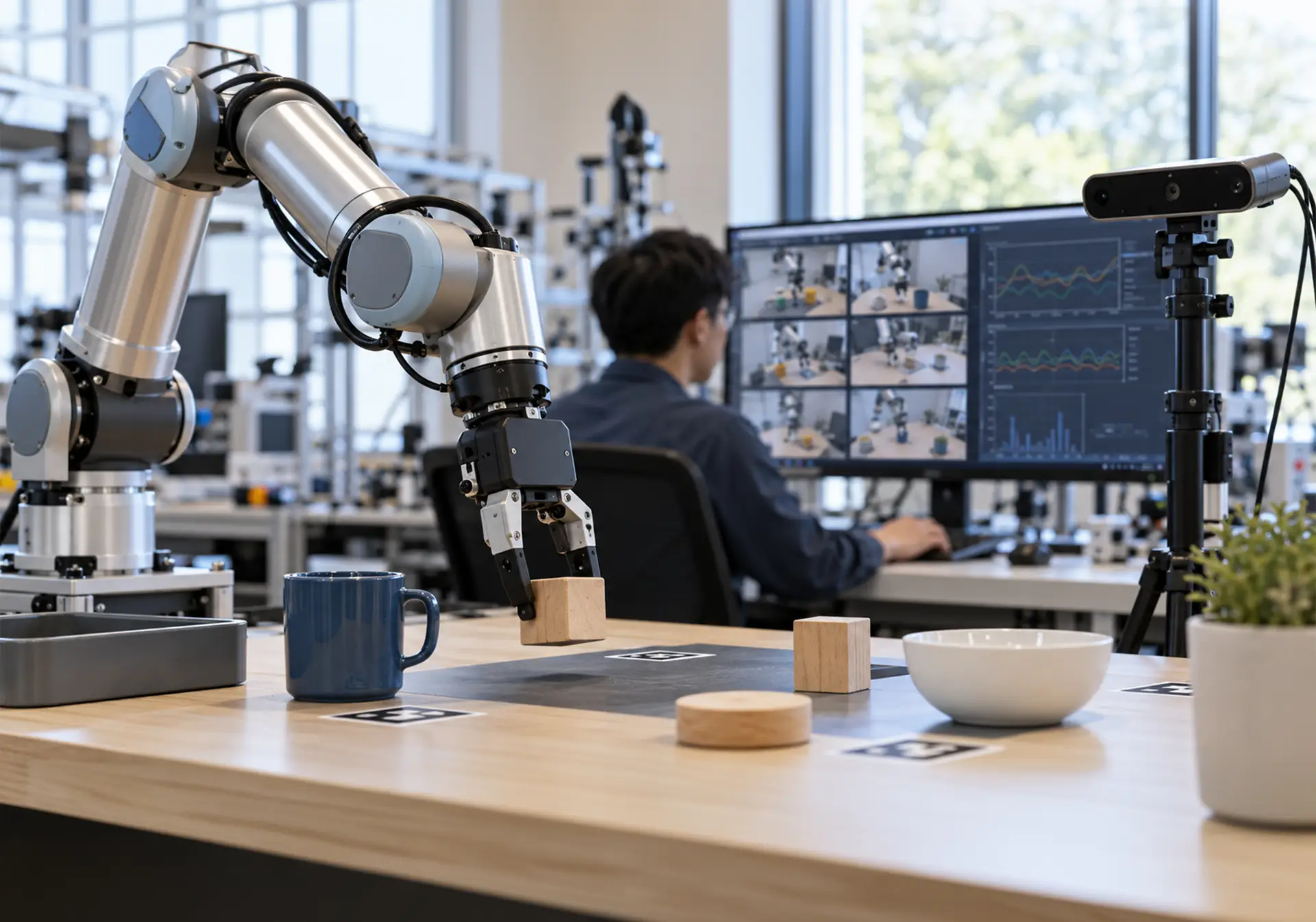 A robotic arm beside an engineer reviewing robotics testing and evaluation data on computer monitors
